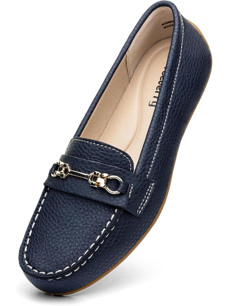 Women's Navy Comfort Leather Loafers Cute Slip On Business Casual Dress Shoes